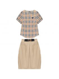 Summer new style slim plaid Top Plain skirt two-piece set