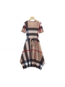 Summer new matching elastic lace-up pleated temperament British style loose dress