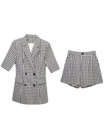 Female summer fashion Plaid suit temperament short-sleeved jacket two-piece set 
