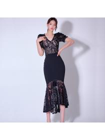 Korean style Summer fashion V-neck Short sleeved top+Fishtail skirt 2 PCS set