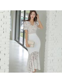 Korean style Summer fashion V-neck Short sleeved top+Fishtail skirt 2 PCS set 