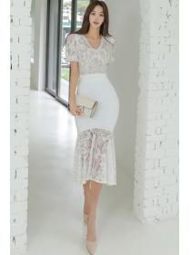 Korean style Summer fashion V-neck Short sleeved top+Fishtail skirt 2 PCS set 