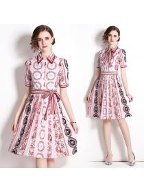 Vintage style print short-sleeved Mid-waist pleated short dress