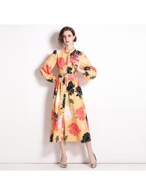 European style retro print lantern sleeve temperament long-sleeved mid-length dress