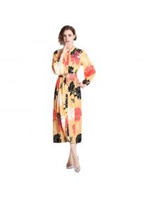 European style retro print lantern sleeve temperament long-sleeved mid-length dress