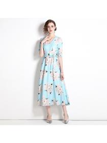 French style V-neck holiday fashion short-sleeved blue mid-length dress