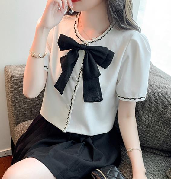 On Sale Bowknot Matching Fashion Color Matching Blouse