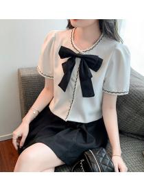 On Sale Bowknot Matching Fashion Color Matching Blouse 