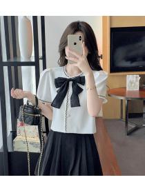  On Sale Bowknot Matching Fashion Color Matching Blouse 