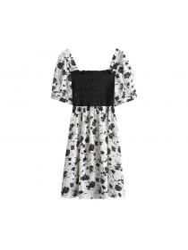 Summer fashion S-4XL Plus Size Women's French Lace Square Neck Rose Print Short Dress