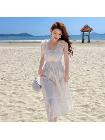 Cream sleeveless V-neck lace dress summer Loose waist slim Long dress