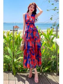 Hot sale V-neck print dress high waist beach holiday Layered dress