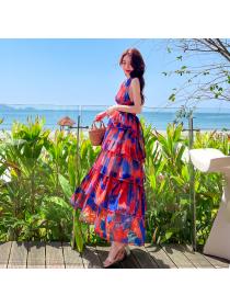 Hot sale V-neck print dress high waist beach holiday Layered dress