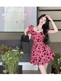 Summer Hot girls sexy backless square neck  puff sleeve dress