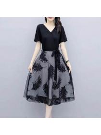 Summer new mid-length plus size fake two-piece mesh A-line dress