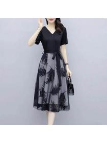 Summer new mid-length plus size fake two-piece mesh A-line dress