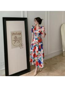Vintage style Bellflower print dress V-neck Floral dress