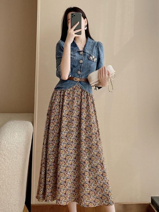 On Sale Denim Jacket+Floral fashion Long skirt two pieces set