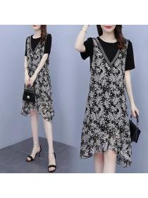 New style summer dress plus size women's fake two-piece ice silk a-line dress high-end floral dre...