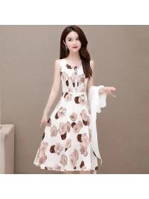 Fashion style Floral chiffon dress Slim Sleeveless dress +Short sleeve Sunproof Top