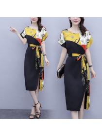 Summer Korean fashion casual fake two-piece dress women's mid-length short-sleeved slim lace-up dress