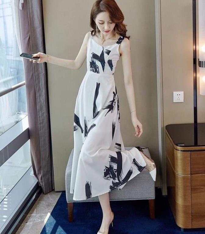 On Sale Fashion Print Slim-Waist Chiffon Dress