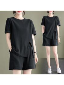 Summer New Casual Shorts Loose Fashion Round neck Plain Top Two pieces set