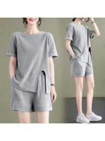 Summer New Casual Shorts Loose Fashion Round neck Plain Top Two pieces set