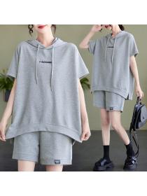 Summer Korean style short-sleeved hooded slit top casual pants sports wear two-pieces set