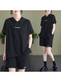 Summer Korean style short-sleeved hooded slit top casual pants sports wear two-pieces set