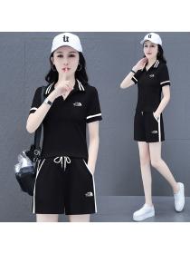 Fashion casual sports outfits women's summer lapel short-sleeved top high waist slim shorts two-piece set