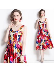Vintage style Backless European fashion Floral print Sleeveless dress