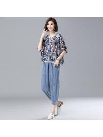 Summer new Elegant style t-shirt +casual Loose wide-leg Jeans Two pieces set