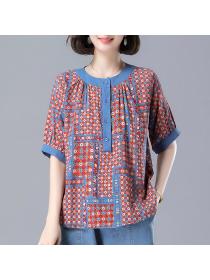 Summer thin loose middle-aged fashion print casual linen top+Denim pants