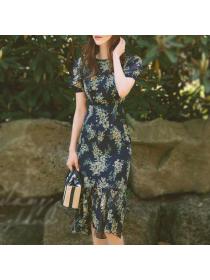 Summer floral dress chiffon slim fishtail dress temperament ladies puff sleeves dress