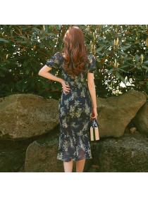 Summer floral dress chiffon slim fishtail dress temperament ladies puff sleeves dress