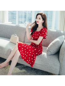 Summer fashion sexy temperament Hip-full dress red polka dot fishtail square collar dress