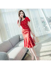 Summer fashion sexy temperament Hip-full dress red polka dot fishtail square collar dress