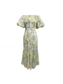 Summer new women's round neck puff sleeves Print fishtail long Dress