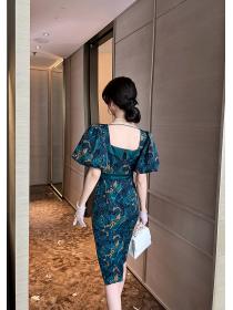 Summer new women's Vintage style lantern sleeve slim Print square neck dress