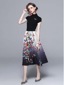 Butterfly ink print pleated skirt +High neck Short-sleeved Top Two piece dress