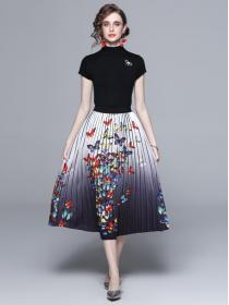 Butterfly ink print pleated skirt +High neck Short-sleeved Top Two piece dress