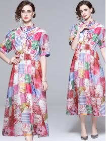 European Style Fashion Print Pinch Waist Dress