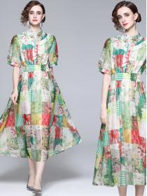 European Style Fashion Print Pinch Waist Dress