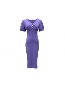 Summer short-sleeved dress Vintage style temperament pinch waist mid-length dress