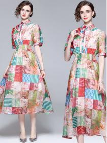 European Style Printing Show Waist Dress