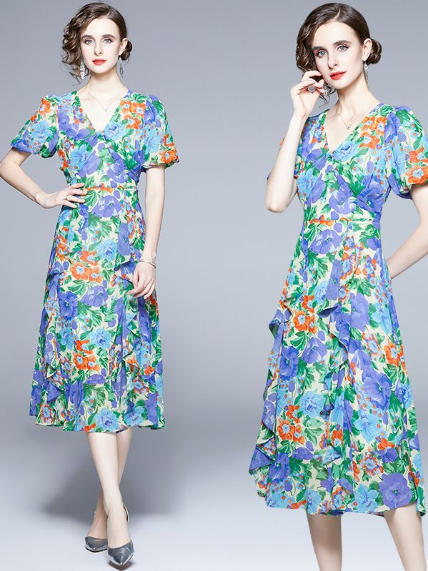 On sale Chiffon Floral Print Pinch Waist Dress