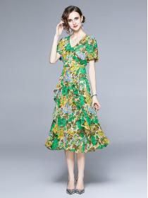 Chiffon Floral Print Pinch Waist Dress 