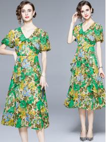 Chiffon Floral Print Pinch Waist Dress 