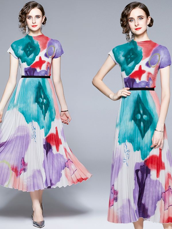 European Fashion Print Drape 2 pcs Dress